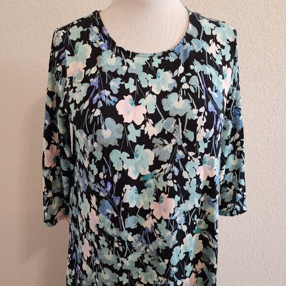 J.Jill Wearever Collection Dark Floral Black Blue 3/4 Sleeve Stretchy Tunic PS - Picture 3 of 12
